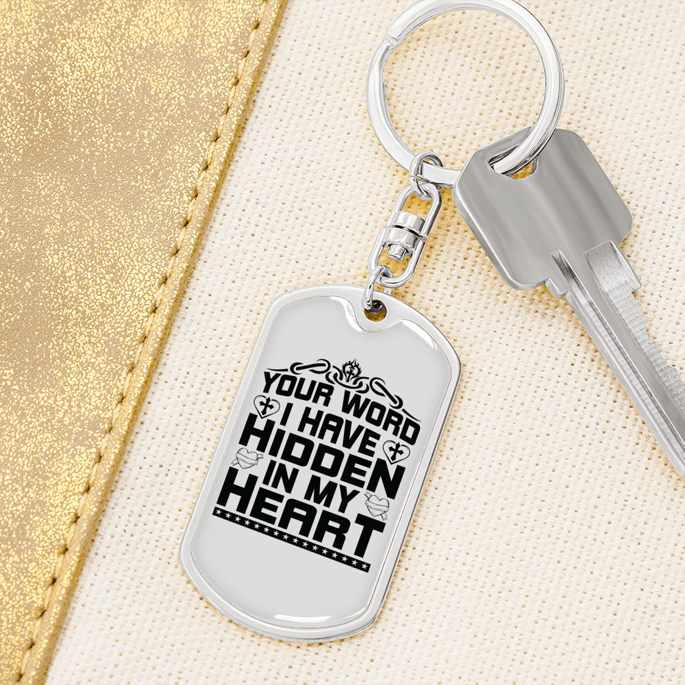 Word Hidden In My Heart Keychain Stainless Steel or 18k Gold Dog Tag Keyring-Express Your Love Gifts