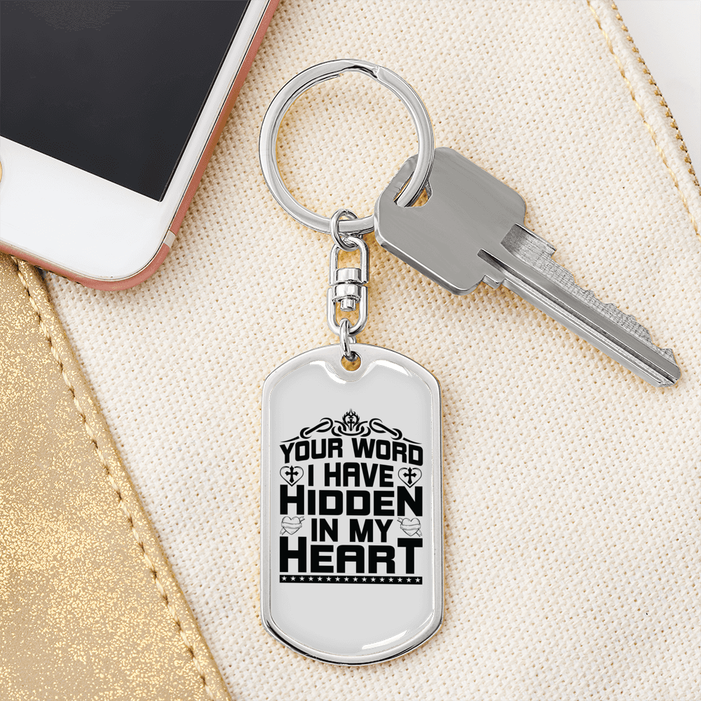 Word Hidden In My Heart Keychain Stainless Steel or 18k Gold Dog Tag Keyring-Express Your Love Gifts