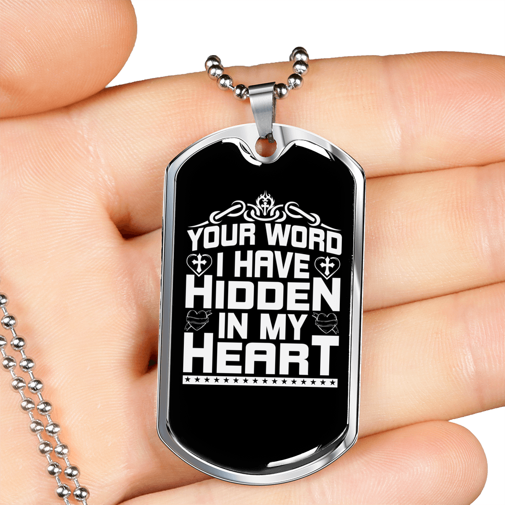 Word My Heart Christian Necklace Stainless Steel or 18k Gold Dog Tag 24" Chain-Express Your Love Gifts