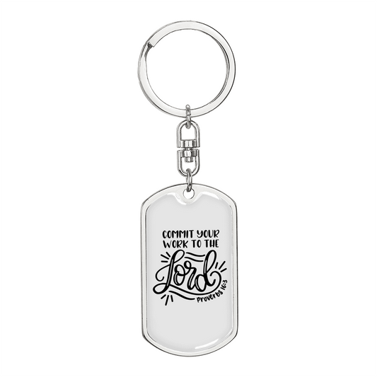 Work To The Lord Proverbs 16:3 Keychain Stainless Steel or 18k Gold Dog Tag Keyring-Express Your Love Gifts