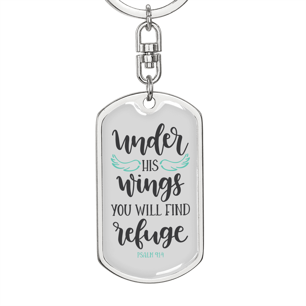 You Will Find Refuge Psalm 91:4 Keychain Stainless Steel or 18k Gold Dog Tag Keyring-Express Your Love Gifts