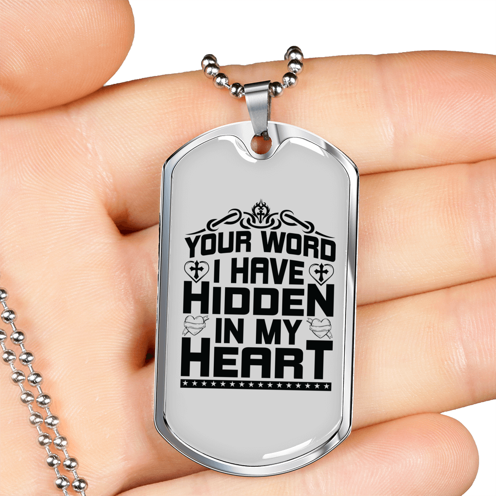 Your Word In My Heart In Black Christian Necklace Stainless Steel or 18k Gold Dog Tag 24" Chain-Express Your Love Gifts