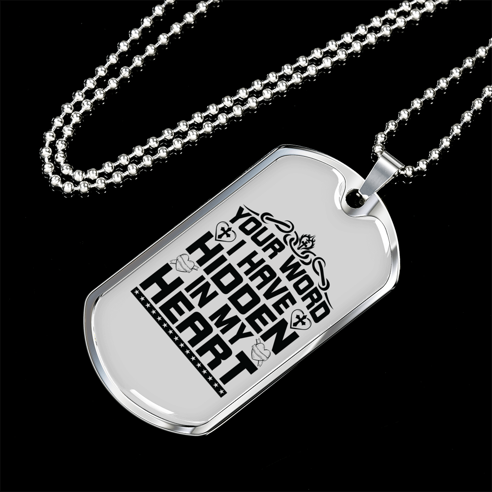 Your Word In My Heart In Black Christian Necklace Stainless Steel or 18k Gold Dog Tag 24" Chain-Express Your Love Gifts