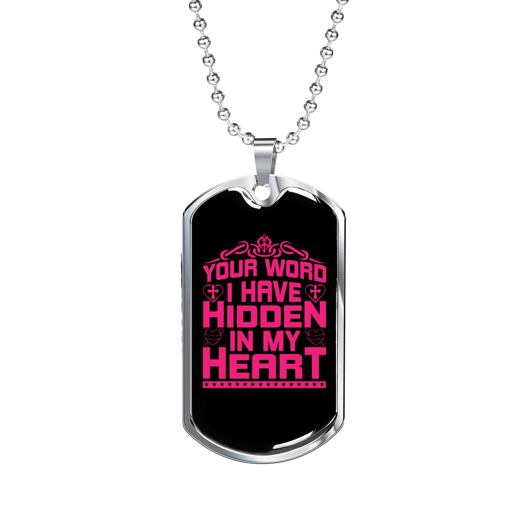 Your Word In My Heart In Pink Christian Necklace Stainless Steel or 18k Gold Dog Tag 24" Chain-Express Your Love Gifts