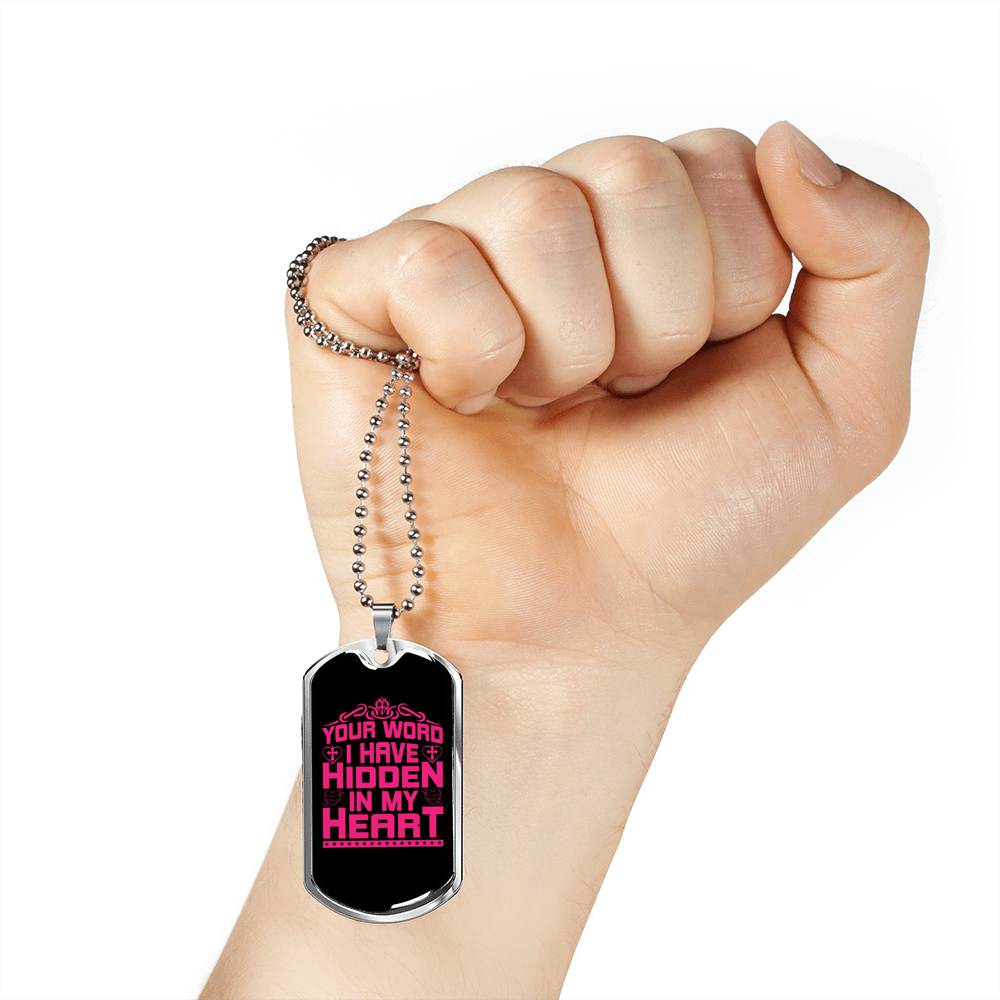 Your Word In My Heart In Pink Christian Necklace Stainless Steel or 18k Gold Dog Tag 24" Chain-Express Your Love Gifts