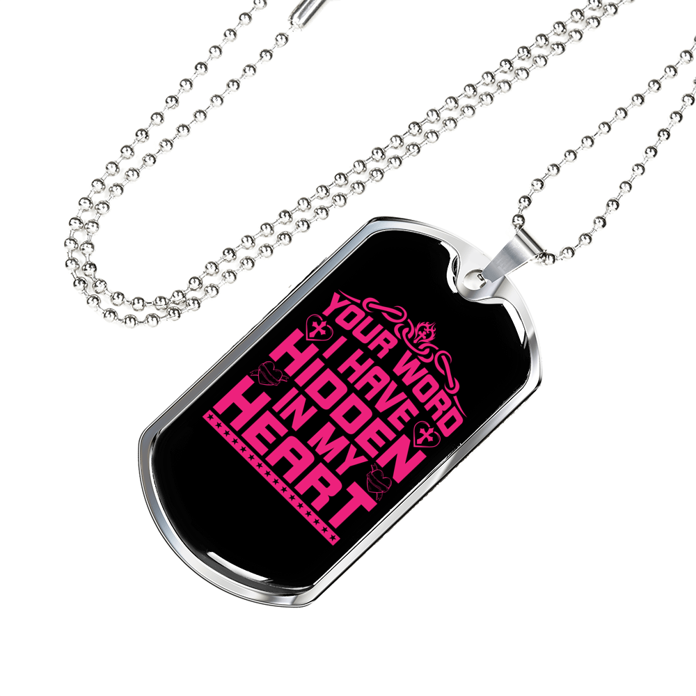 Your Word In My Heart In Pink Christian Necklace Stainless Steel or 18k Gold Dog Tag 24" Chain-Express Your Love Gifts