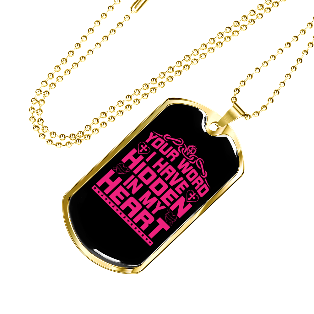 Your Word In My Heart In Pink Christian Necklace Stainless Steel or 18k Gold Dog Tag 24" Chain-Express Your Love Gifts