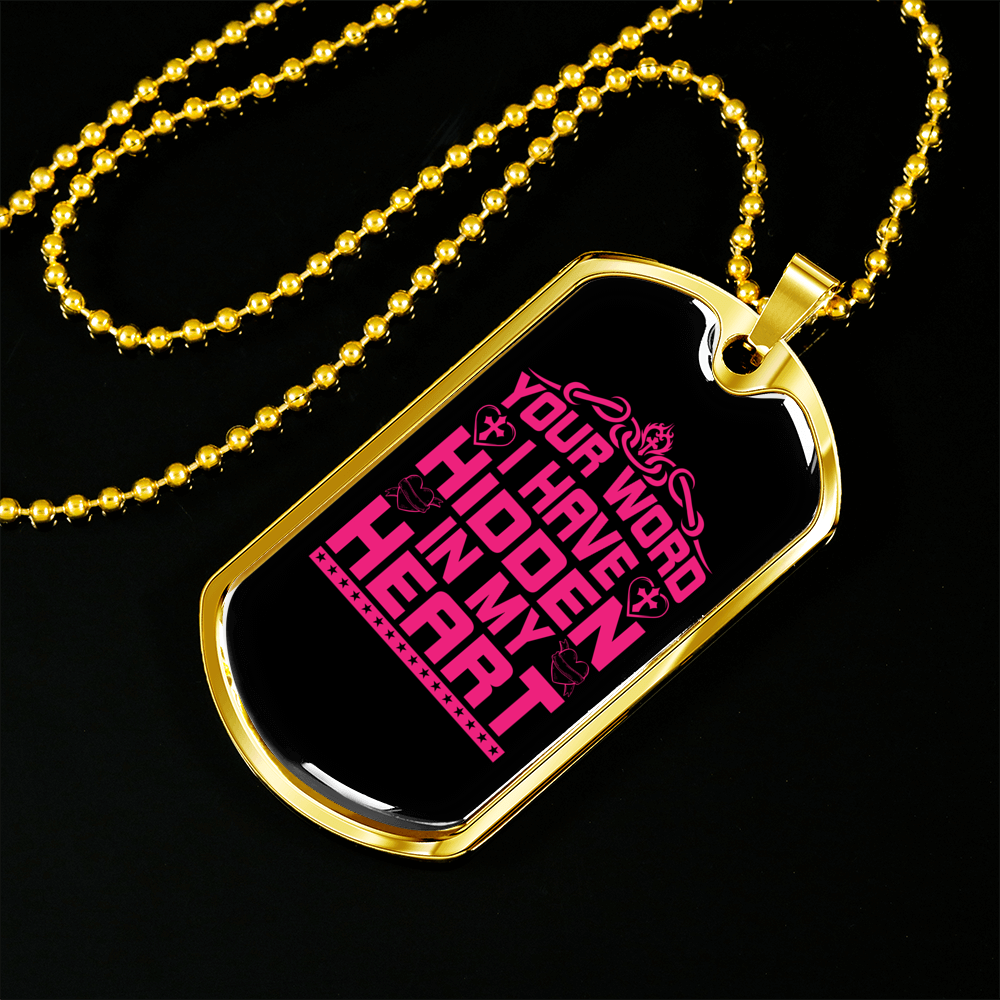 Your Word In My Heart In Pink Christian Necklace Stainless Steel or 18k Gold Dog Tag 24" Chain-Express Your Love Gifts