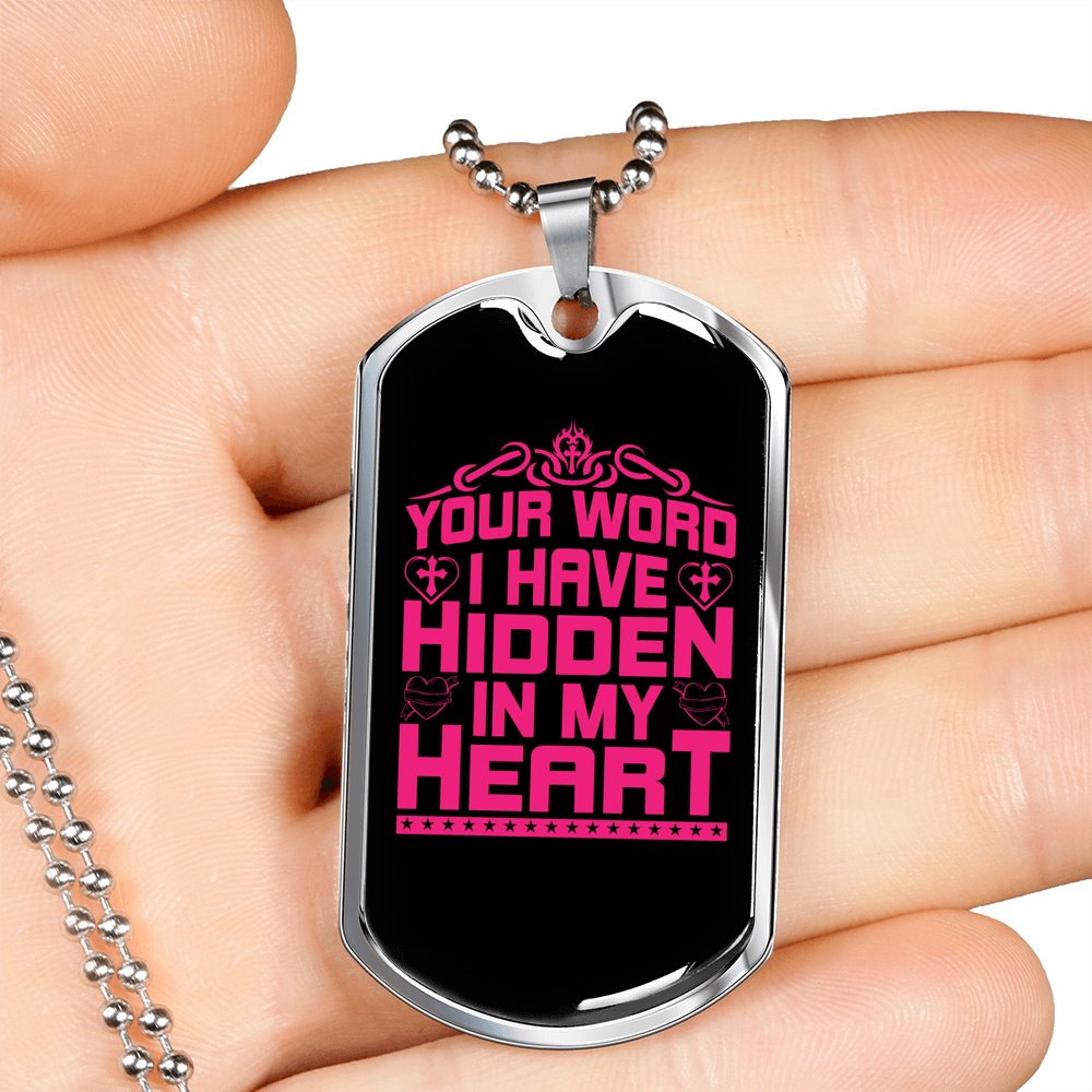 Your Word In My Heart In Pink Christian Necklace Stainless Steel or 18k Gold Dog Tag 24" Chain-Express Your Love Gifts