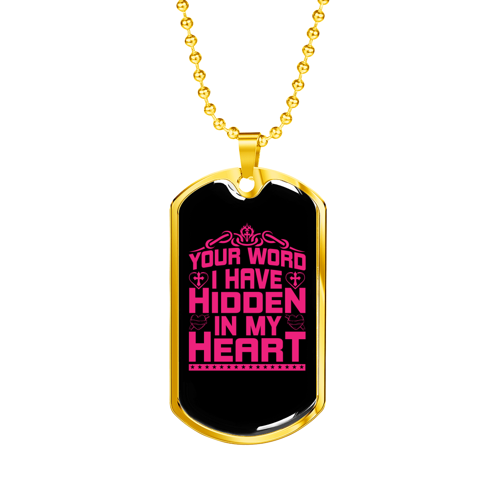 Your Word In My Heart In Pink Christian Necklace Stainless Steel or 18k Gold Dog Tag 24" Chain-Express Your Love Gifts