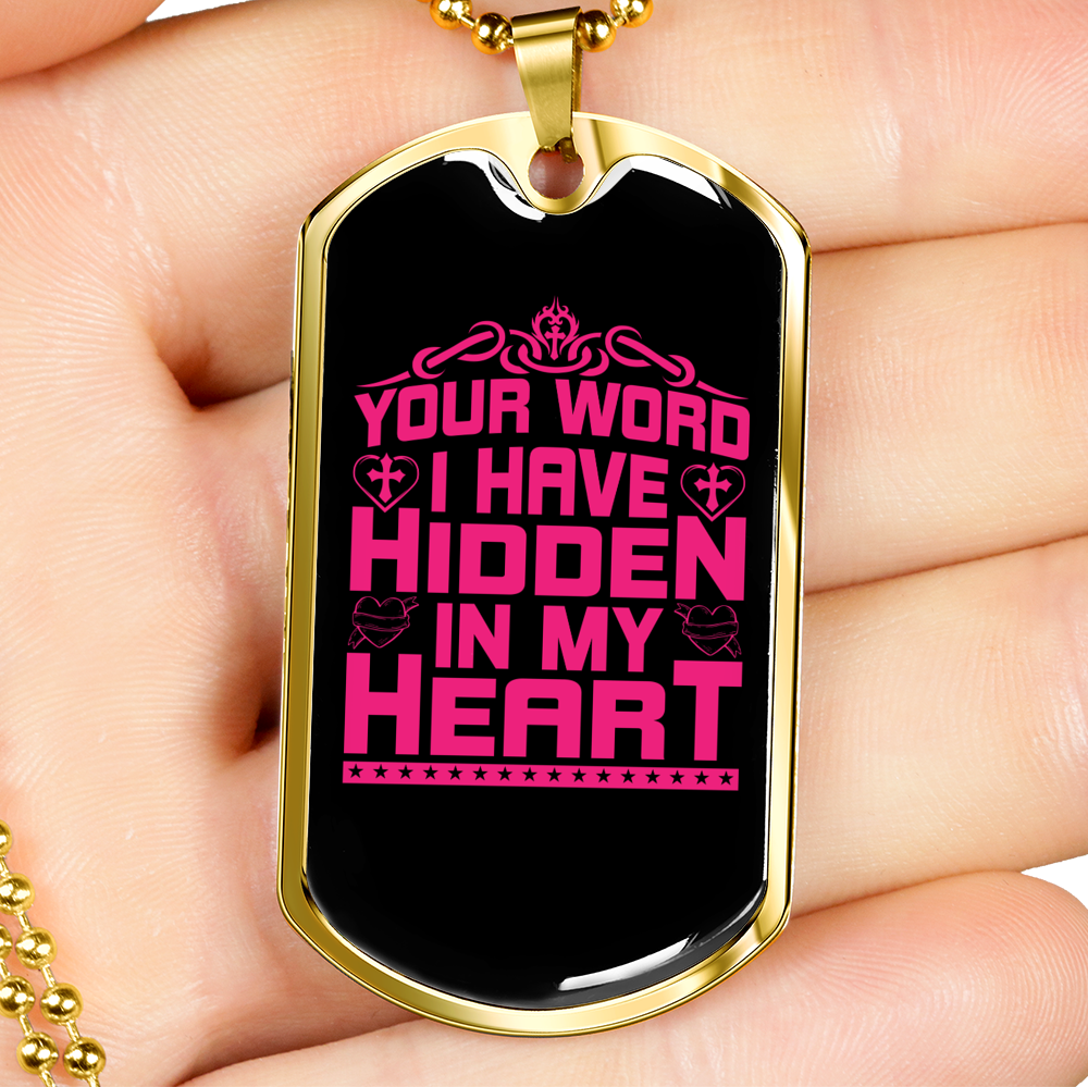 Your Word In My Heart In Pink Christian Necklace Stainless Steel or 18k Gold Dog Tag 24" Chain-Express Your Love Gifts