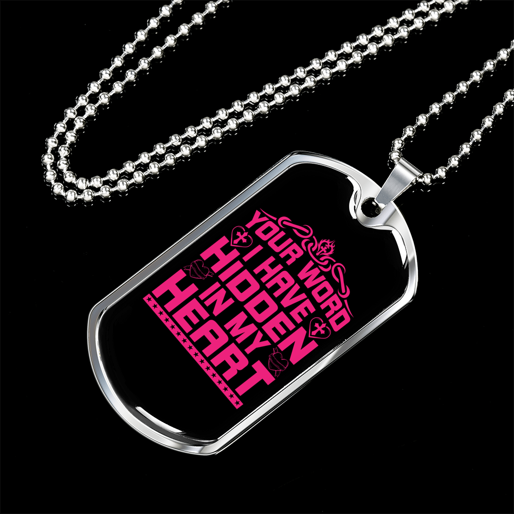 Your Word In My Heart In Pink Christian Necklace Stainless Steel or 18k Gold Dog Tag 24" Chain-Express Your Love Gifts