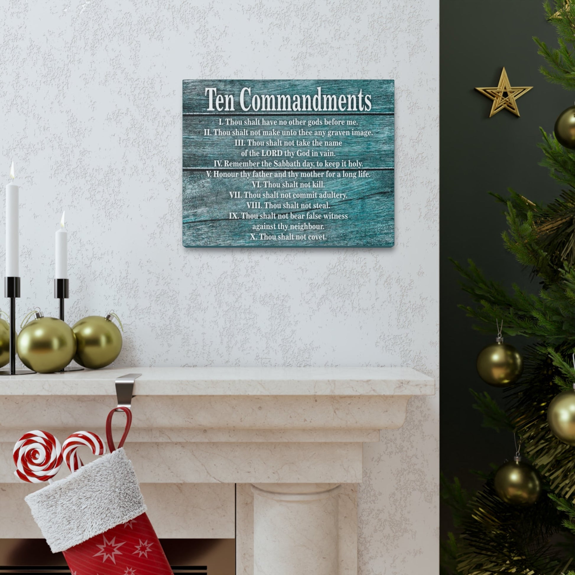 Scripture Canvas Ten Commandments Blue Wood Christian Wall Art Print Ready to Hang-Express Your Love Gifts
