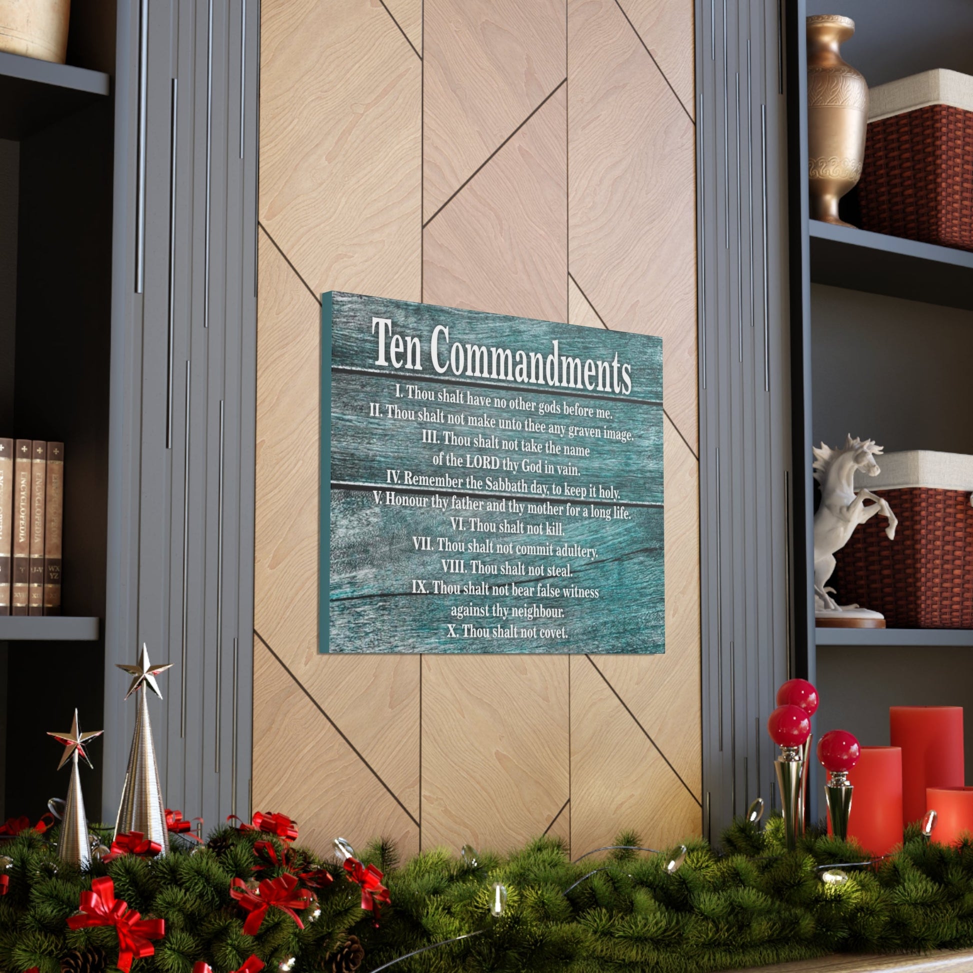Scripture Canvas Ten Commandments Blue Wood Christian Wall Art Print Ready to Hang-Express Your Love Gifts
