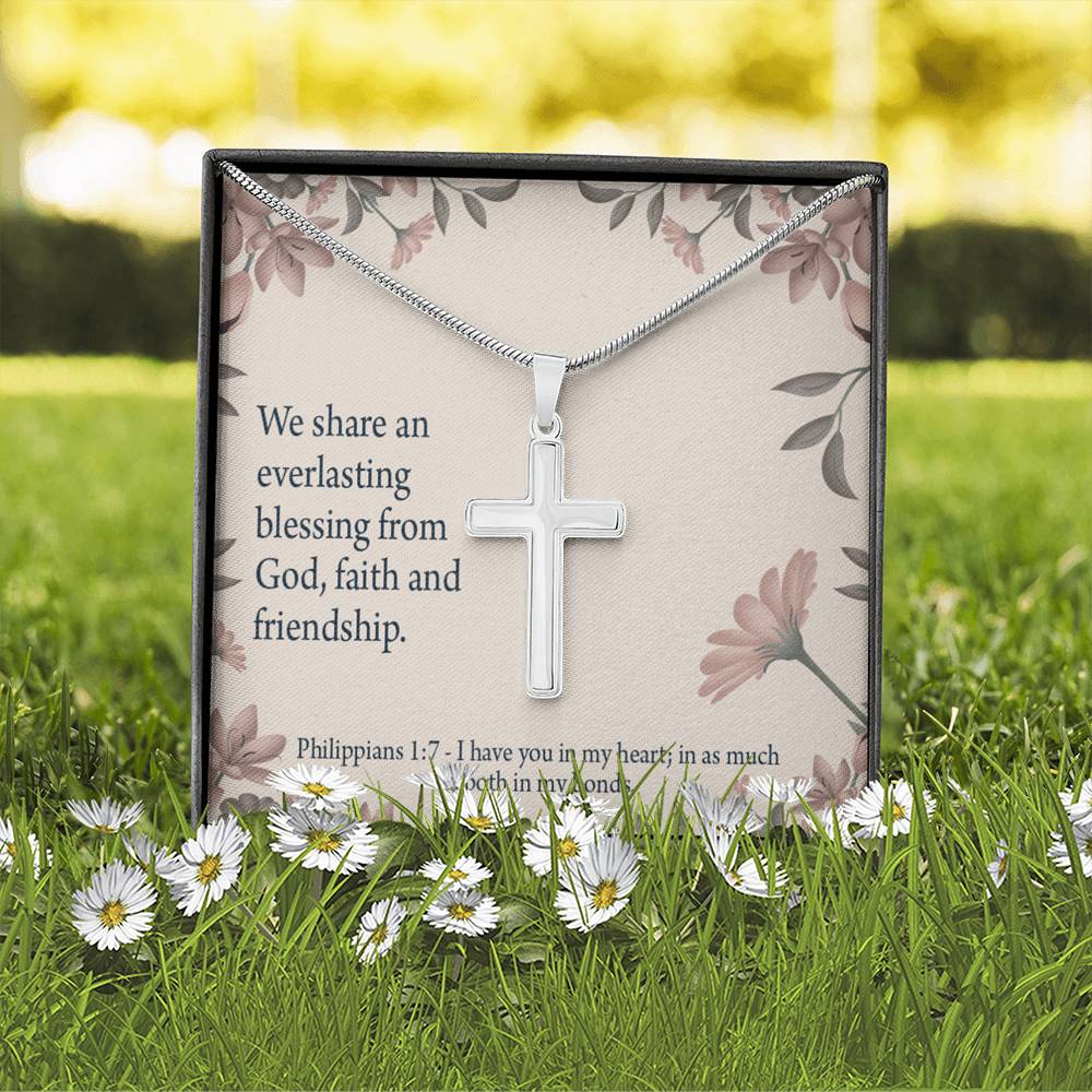 Christian Encouragement Friendship Philippians 1:7 Cross Card Necklace w Stainless Steel Pendant-Express Your Love Gifts