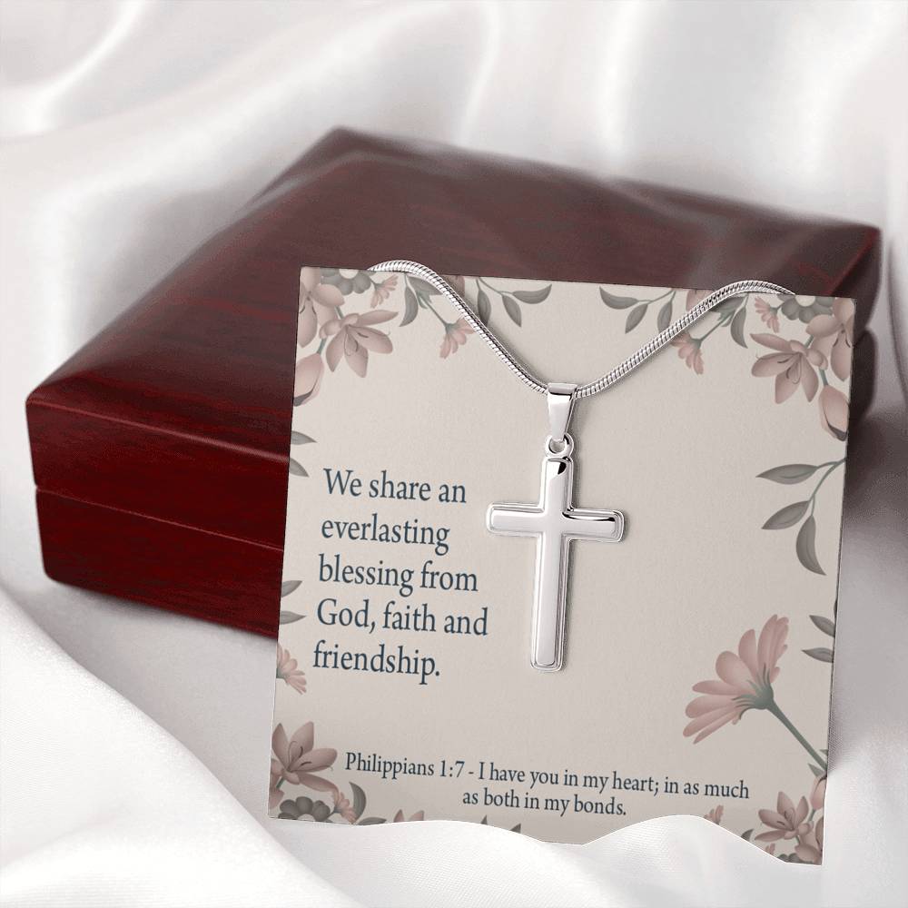 Christian Encouragement Friendship Philippians 1:7 Cross Card Necklace w Stainless Steel Pendant-Express Your Love Gifts