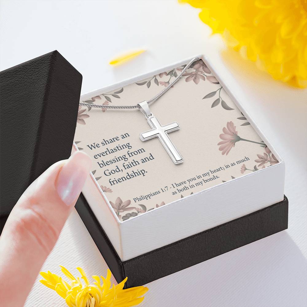Christian Encouragement Friendship Philippians 1:7 Cross Card Necklace w Stainless Steel Pendant-Express Your Love Gifts