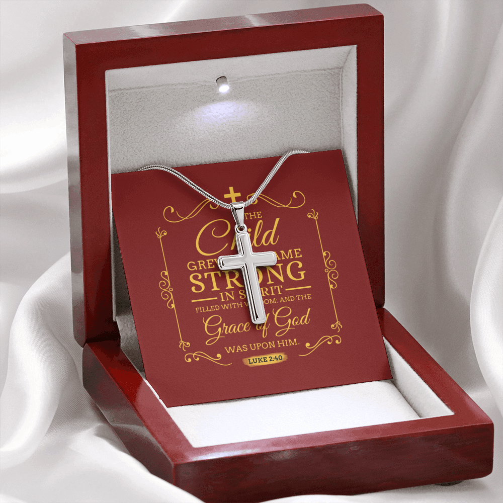 Christian Encouragement Strong Child Luke 2:40 Message Cross Card Necklace w Stainless Steel Pendant-Express Your Love Gifts