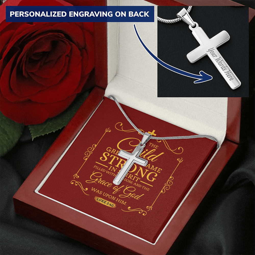 Christian Encouragement Strong Child Luke 2:40 Message Cross Card Necklace w Stainless Steel Pendant-Express Your Love Gifts