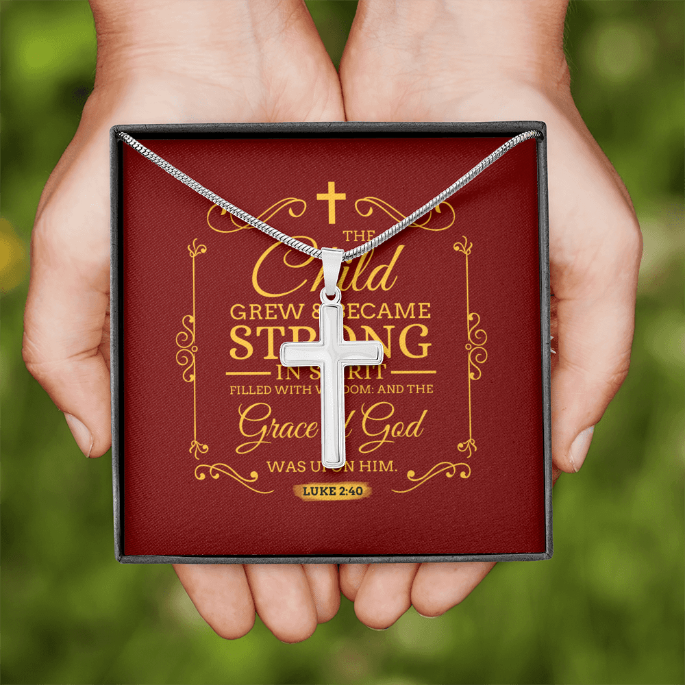 Christian Encouragement Strong Child Luke 2:40 Message Cross Card Necklace w Stainless Steel Pendant-Express Your Love Gifts