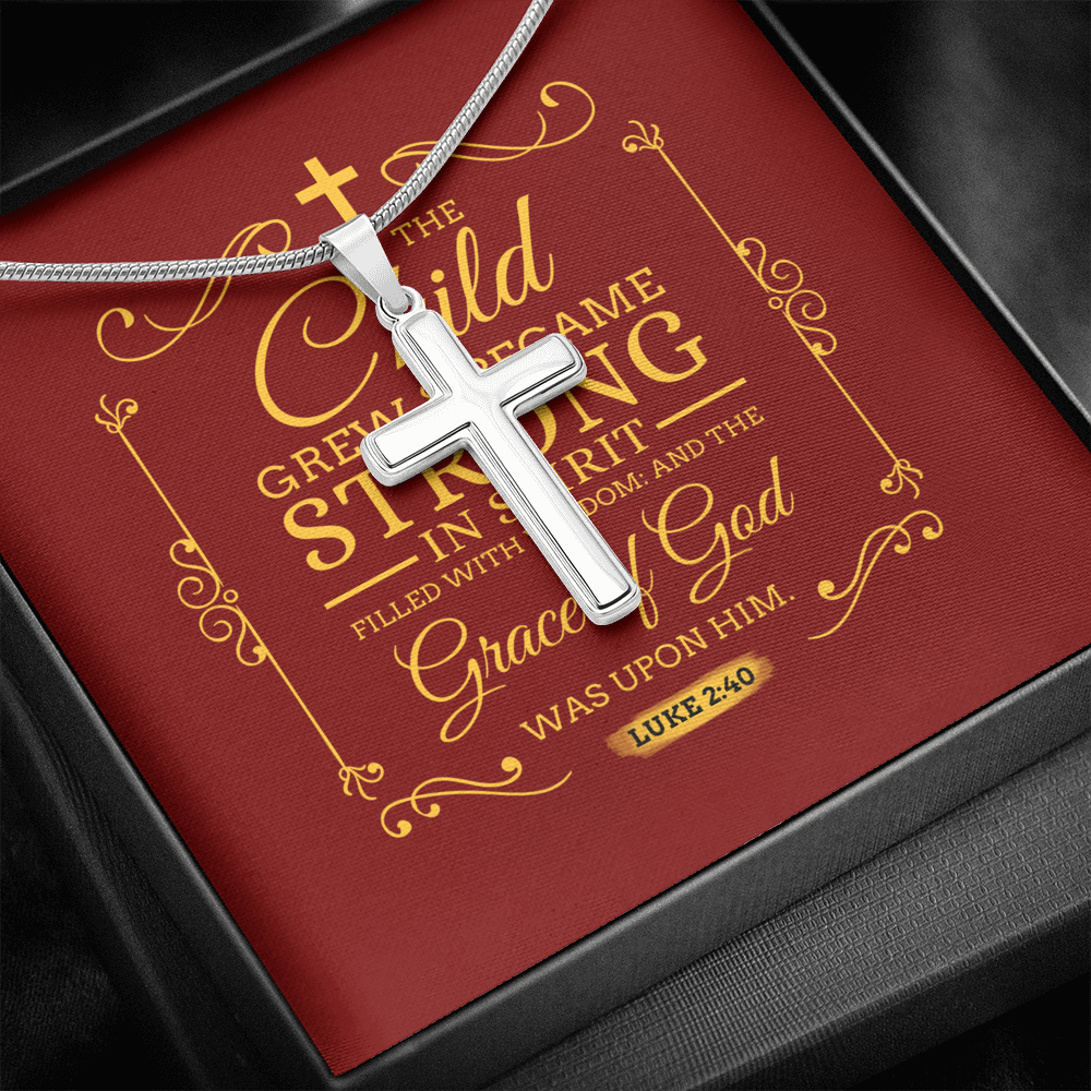 Christian Encouragement Strong Child Luke 2:40 Message Cross Card Necklace w Stainless Steel Pendant-Express Your Love Gifts