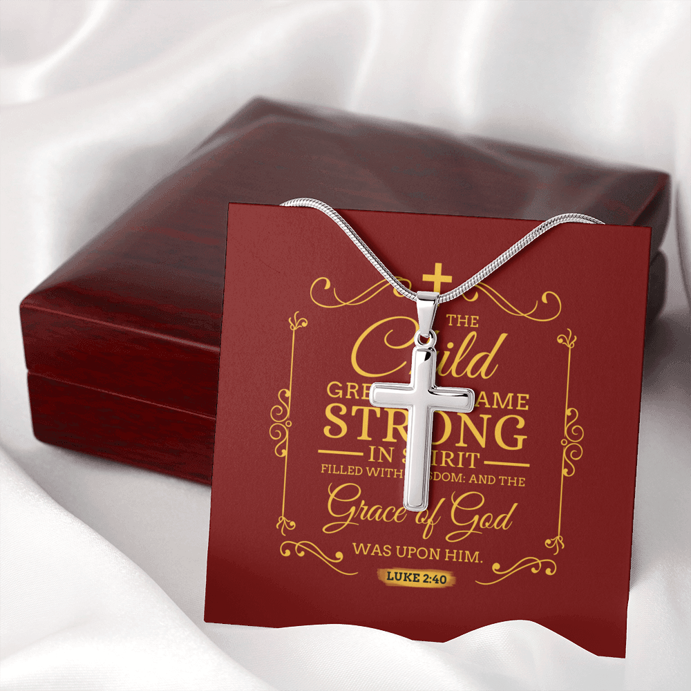Christian Encouragement Strong Child Luke 2:40 Message Cross Card Necklace w Stainless Steel Pendant-Express Your Love Gifts