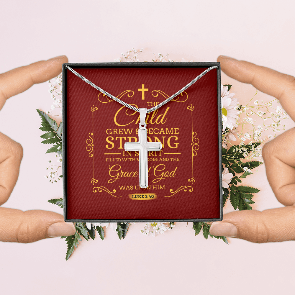 Christian Encouragement Strong Child Luke 2:40 Message Cross Card Necklace w Stainless Steel Pendant-Express Your Love Gifts