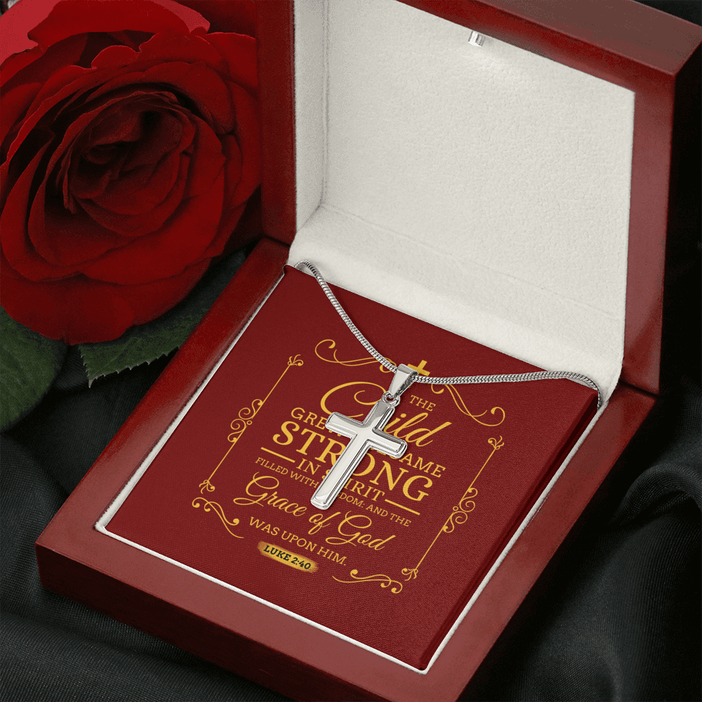 Christian Encouragement Strong Child Luke 2:40 Message Cross Card Necklace w Stainless Steel Pendant-Express Your Love Gifts