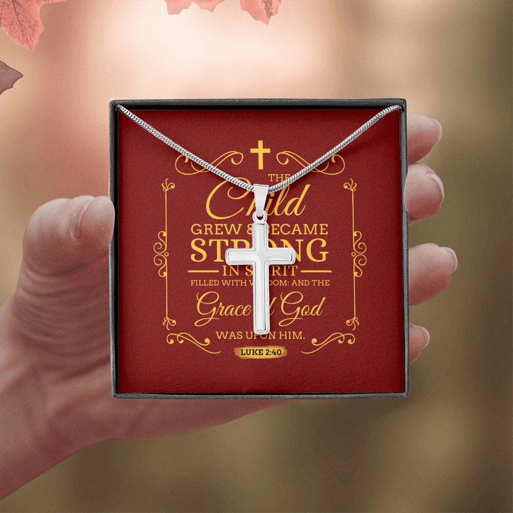 Christian Encouragement Strong Child Luke 2:40 Message Cross Card Necklace w Stainless Steel Pendant-Express Your Love Gifts