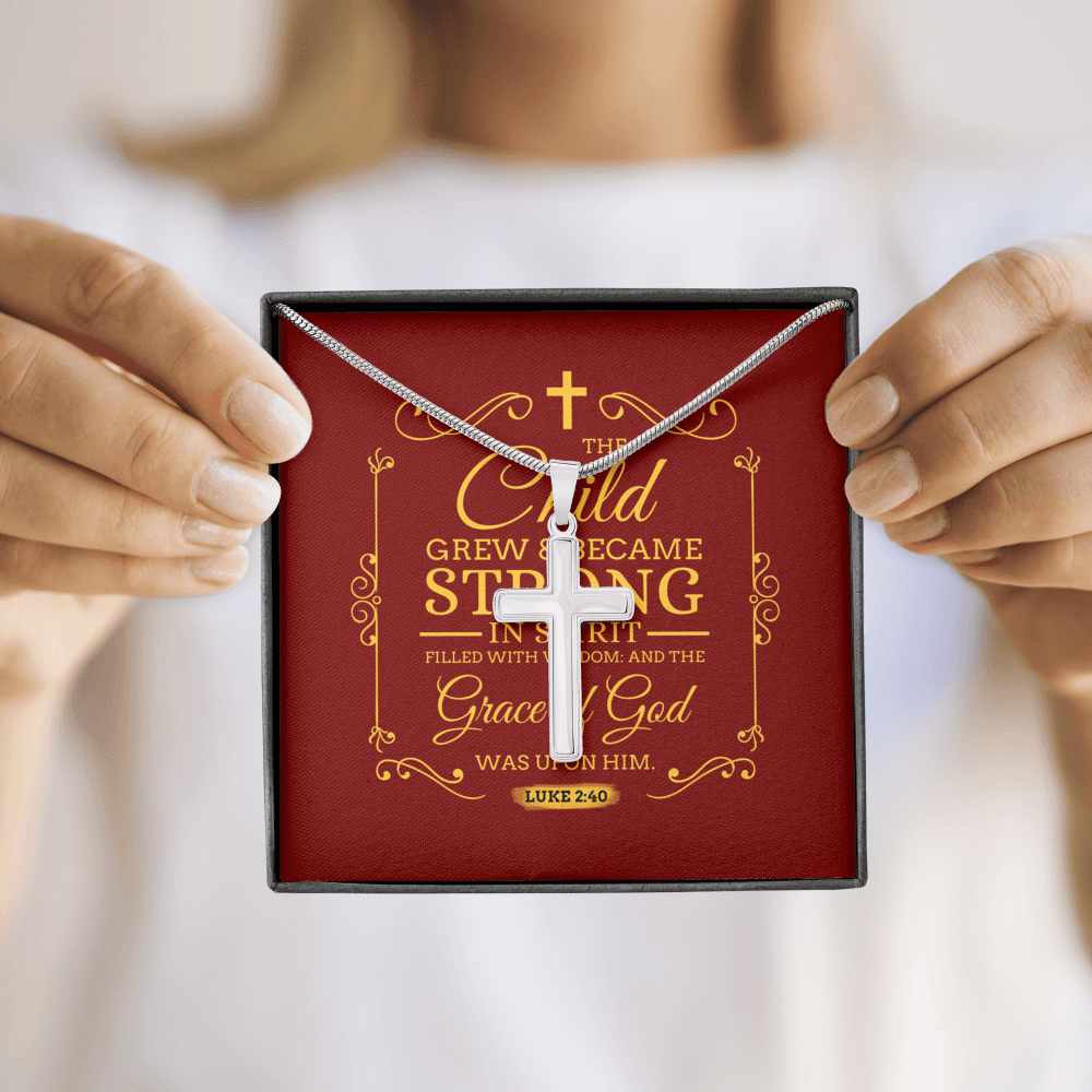 Christian Encouragement Strong Child Luke 2:40 Message Cross Card Necklace w Stainless Steel Pendant-Express Your Love Gifts