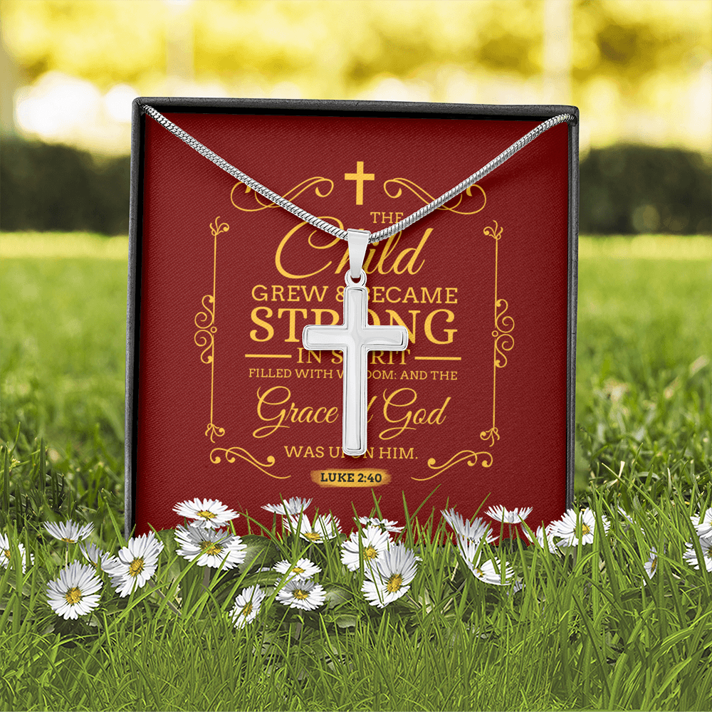 Christian Encouragement Strong Child Luke 2:40 Message Cross Card Necklace w Stainless Steel Pendant-Express Your Love Gifts