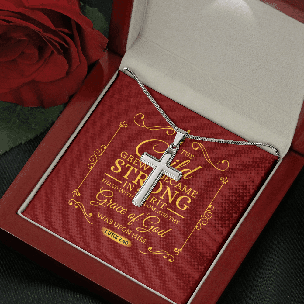 Christian Encouragement Strong Child Luke 2:40 Message Cross Card Necklace w Stainless Steel Pendant-Express Your Love Gifts
