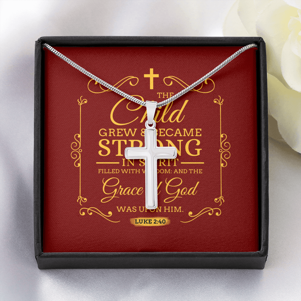 Christian Encouragement Strong Child Luke 2:40 Message Cross Card Necklace w Stainless Steel Pendant-Express Your Love Gifts