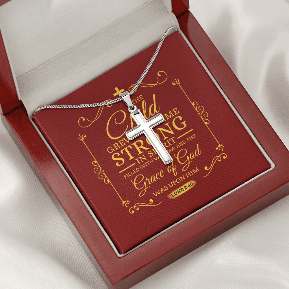 Christian Encouragement Strong Child Luke 2:40 Message Cross Card Necklace w Stainless Steel Pendant-Express Your Love Gifts