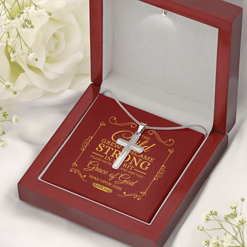 Christian Encouragement Strong Child Luke 2:40 Message Cross Card Necklace w Stainless Steel Pendant-Express Your Love Gifts