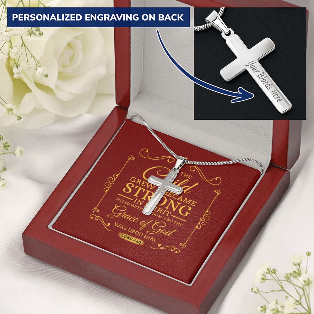 Christian Encouragement Strong Child Luke 2:40 Message Cross Card Necklace w Stainless Steel Pendant-Express Your Love Gifts