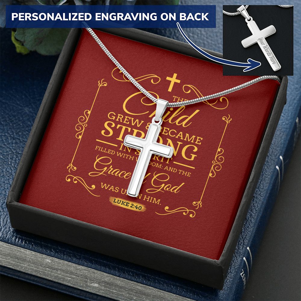 Christian Encouragement Strong Child Luke 2:40 Message Cross Card Necklace w Stainless Steel Pendant-Express Your Love Gifts