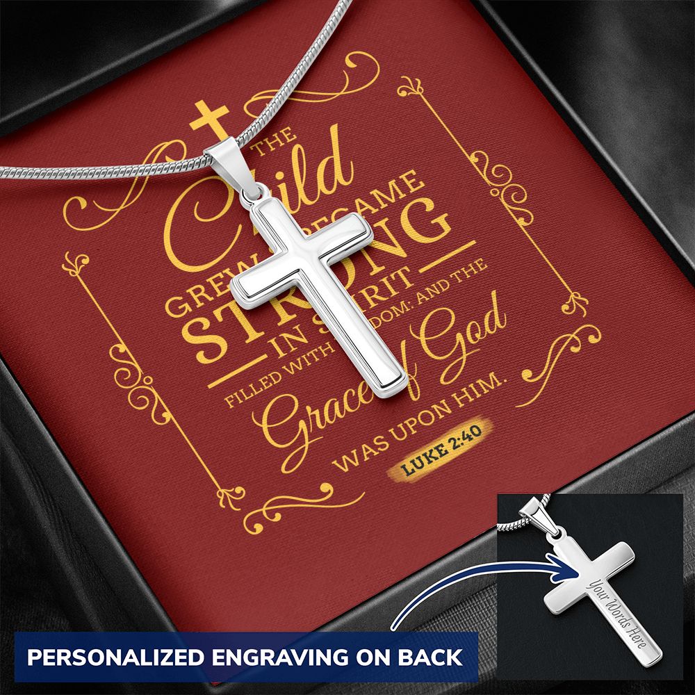 Christian Encouragement Strong Child Luke 2:40 Message Cross Card Necklace w Stainless Steel Pendant-Express Your Love Gifts