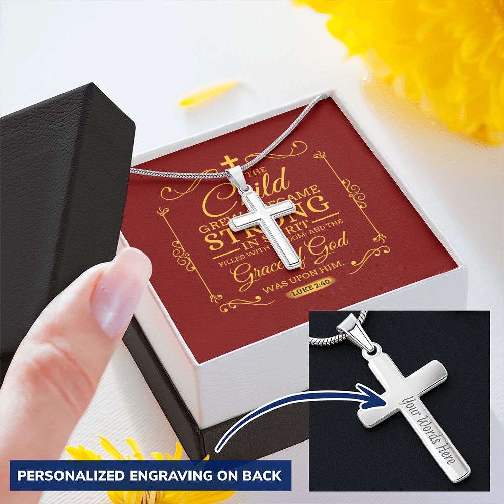 Christian Encouragement Strong Child Luke 2:40 Message Cross Card Necklace w Stainless Steel Pendant-Express Your Love Gifts