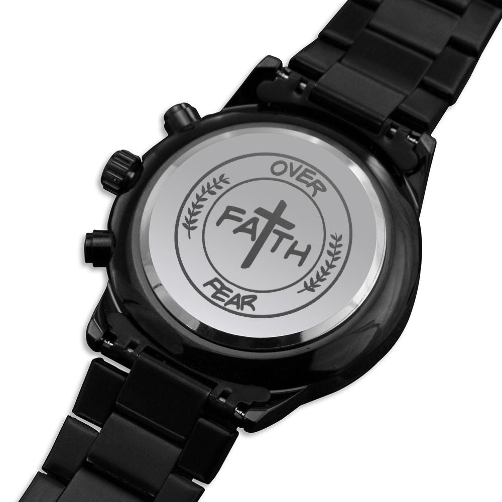 Faith Over Fear Cross Engraved Bible Verse Men's Watch Multifunction Stainless Steel W Copper Dial-Express Your Love Gifts
