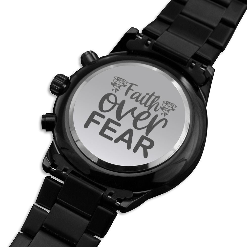 Faith Over Fear Cursive Engraved Bible Verse Men's Watch Multifunction Stainless Steel W Copper Dial-Express Your Love Gifts