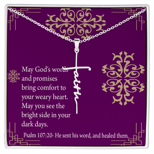Get Well Gods Words & Promises Psalm 107:20 Faith Cross Necklace w Inspirational Bible Message Card-Express Your Love Gifts