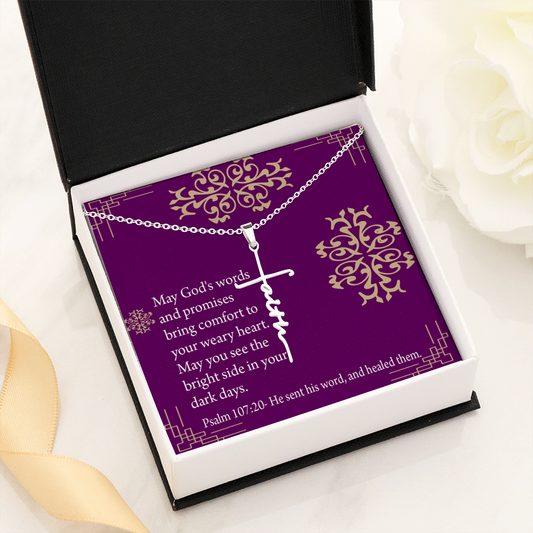 Get Well Gods Words & Promises Psalm 107:20 Faith Cross Necklace w Inspirational Bible Message Card-Express Your Love Gifts