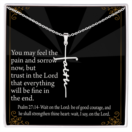 Gods Strength Psalm 27:14 Faith Cross Necklace w Inspirational Bible Message Card-Express Your Love Gifts