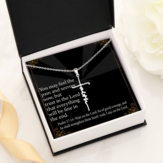 Gods Strength Psalm 27:14 Faith Cross Necklace w Inspirational Bible Message Card-Express Your Love Gifts
