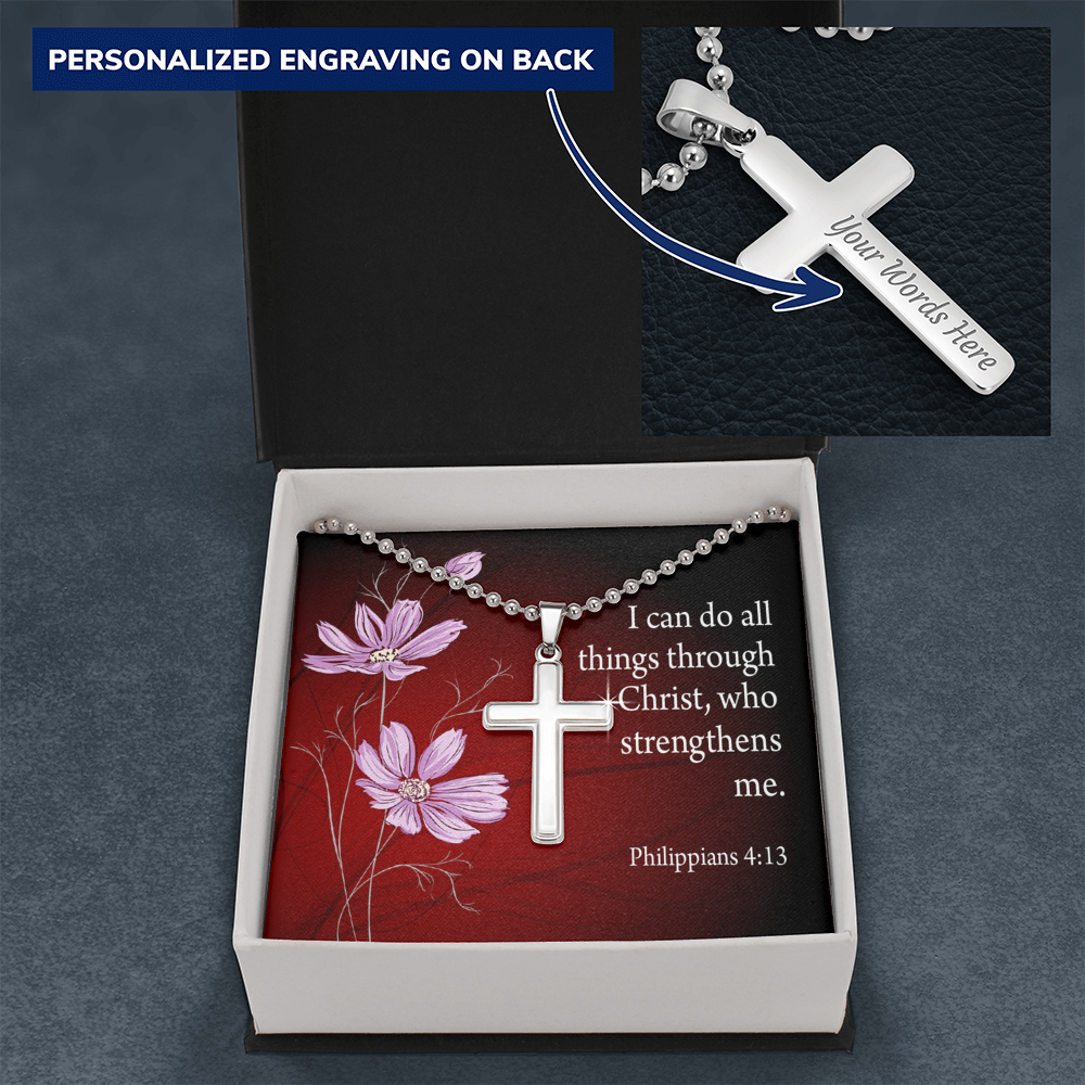 I Can Do All Things Philippians 4:13 Cross Necklace Message Card W Ball Chain Pendant-Express Your Love Gifts