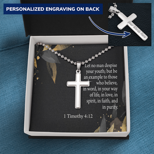 No Man Despise Your Youth 1 Timothy 4:12 Cross Necklace Message Card W Ball Chain Pendant-Express Your Love Gifts