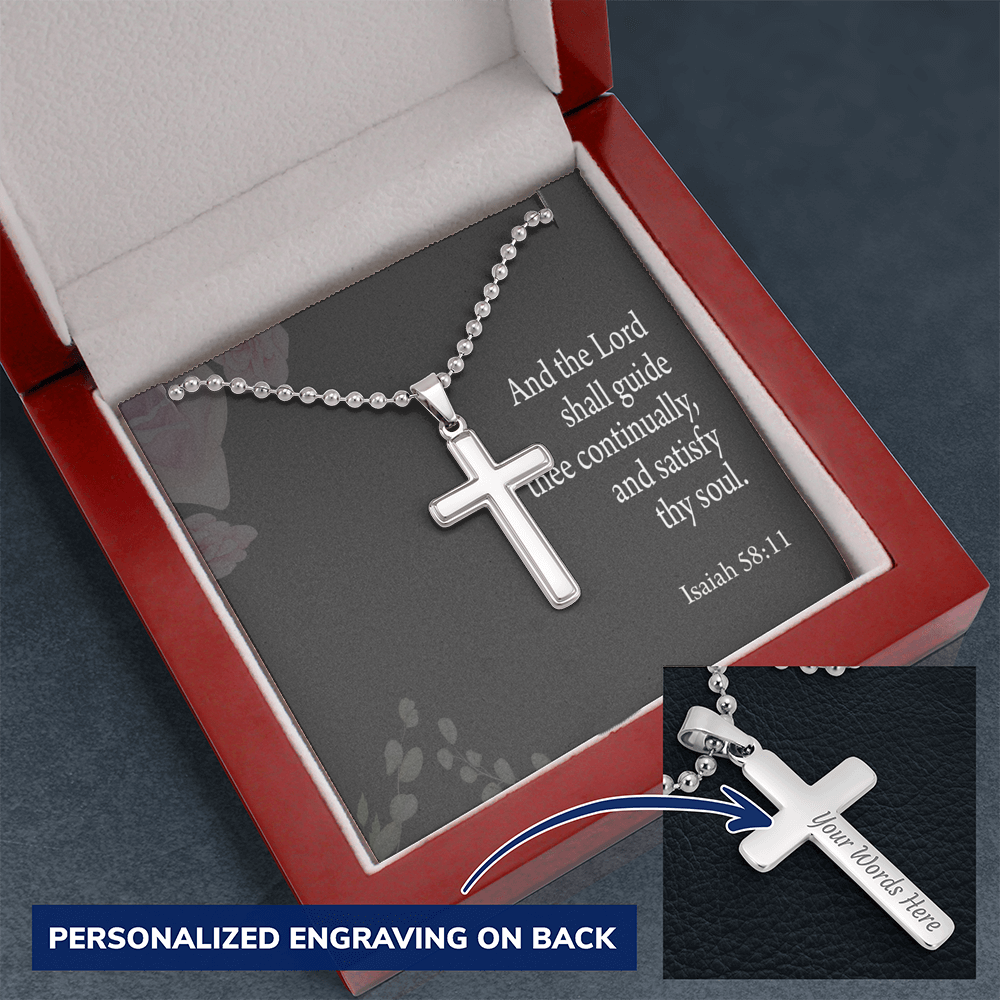 Satisfy Thy Soul Isaiah 58:11 Cross Necklace Message Card W Ball Chain Pendant-Express Your Love Gifts