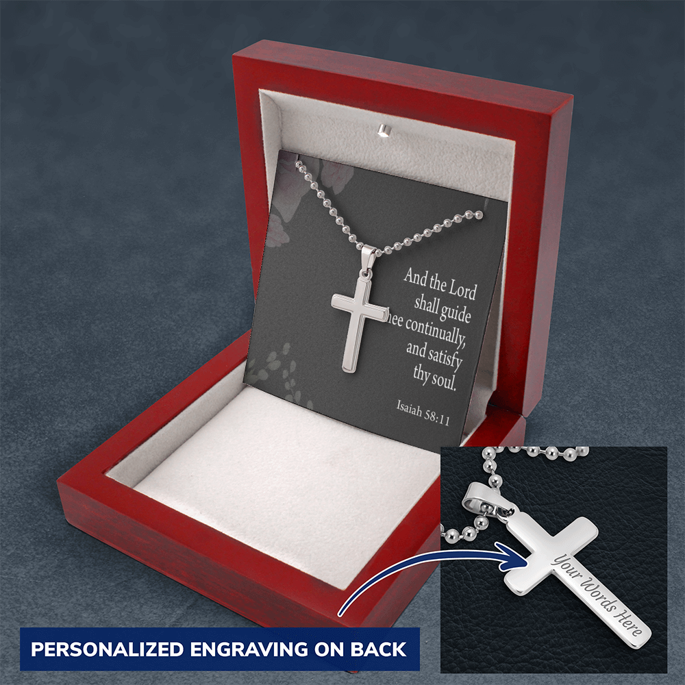 Satisfy Thy Soul Isaiah 58:11 Cross Necklace Message Card W Ball Chain Pendant-Express Your Love Gifts