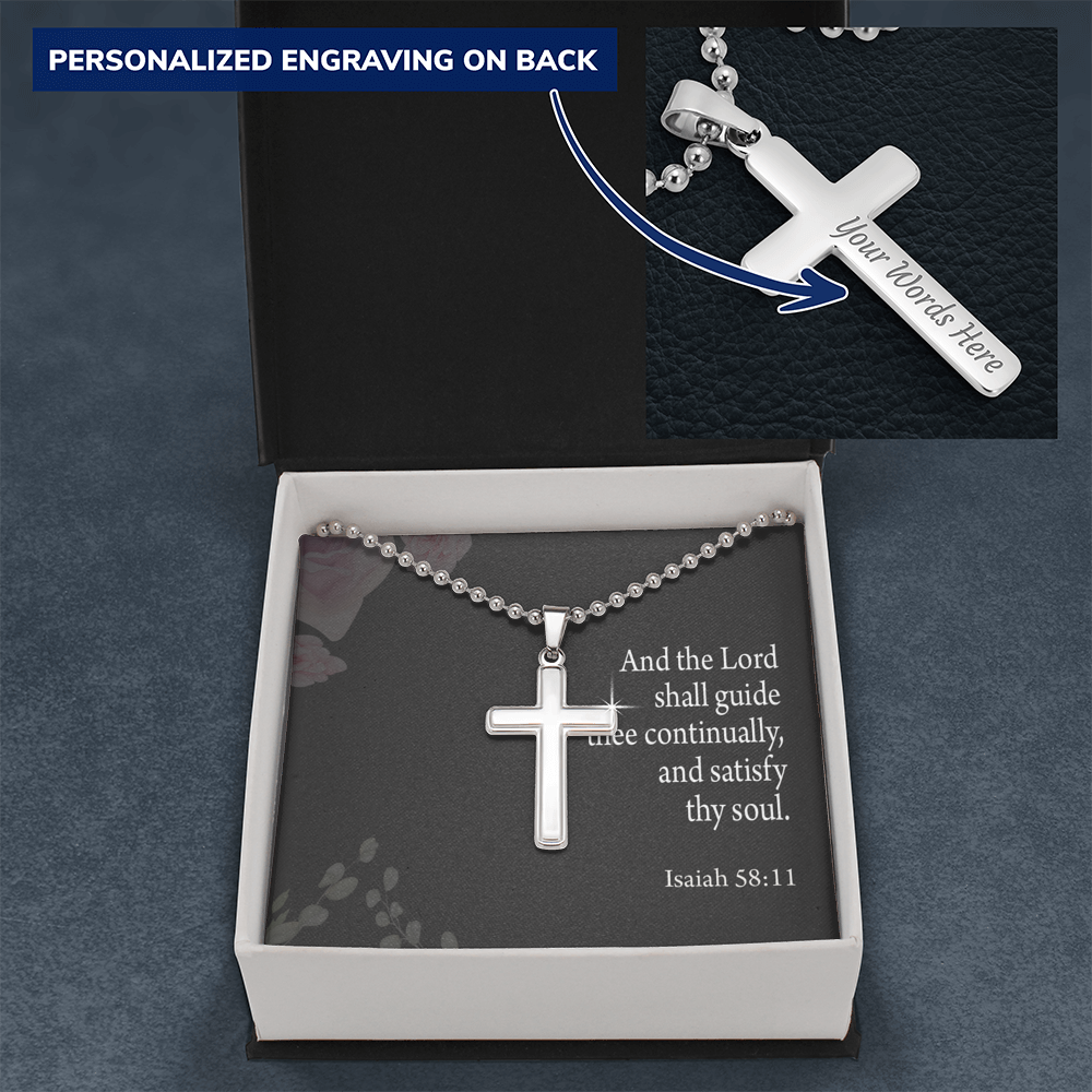 Satisfy Thy Soul Isaiah 58:11 Cross Necklace Message Card W Ball Chain Pendant-Express Your Love Gifts